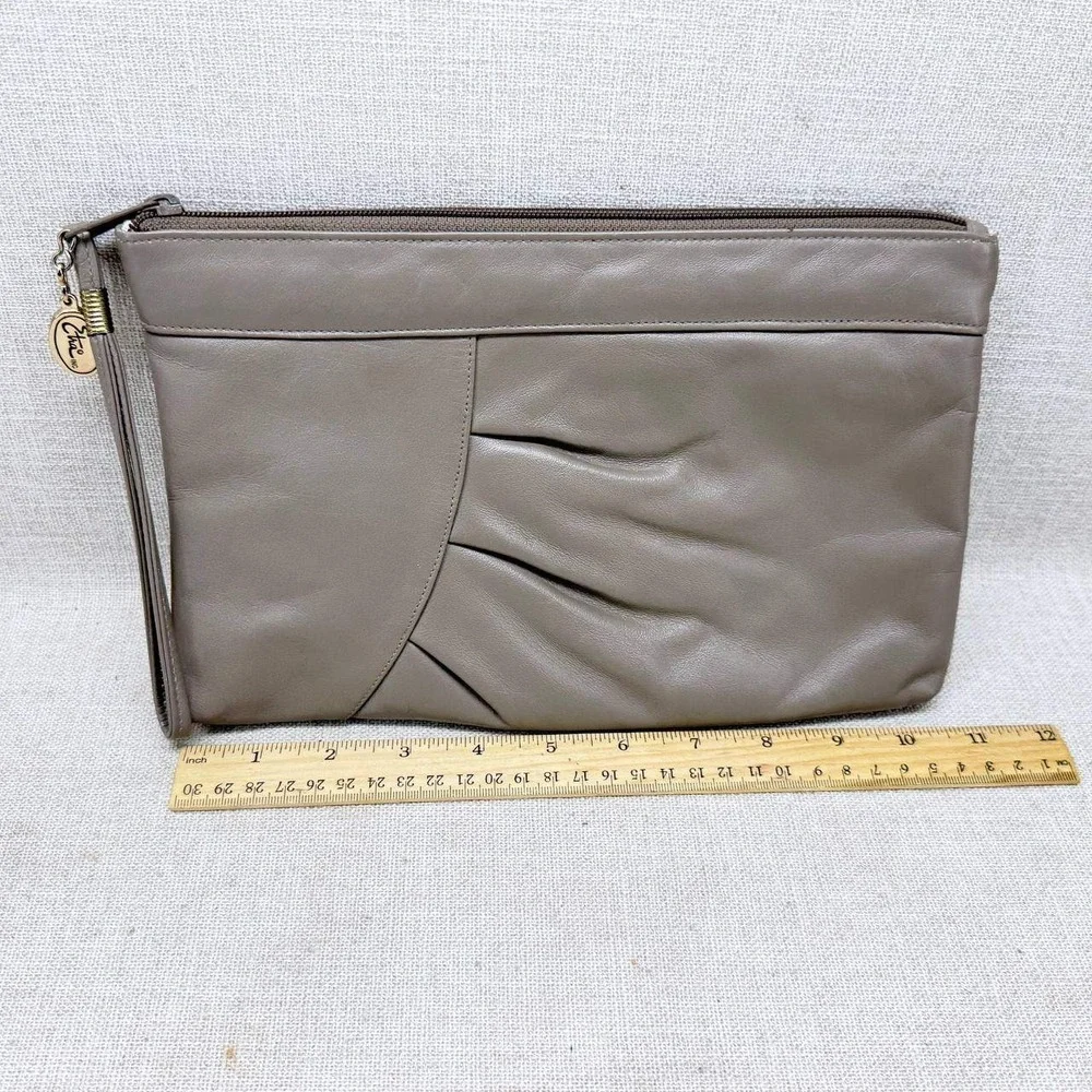 Etra Vintage Taupe Gray Genuine Leather Pleated Wristlet Clutch Bag